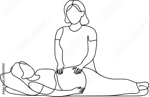 A pregnant woman lies on the couch. The midwife helps her through the birth process. International Day of the Midwives. one line Icon drawing