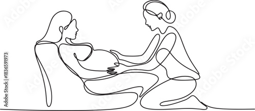 A pregnant woman lies on the couch. The midwife helps her through the birth process. International Day of the Midwives. one line Icon drawing