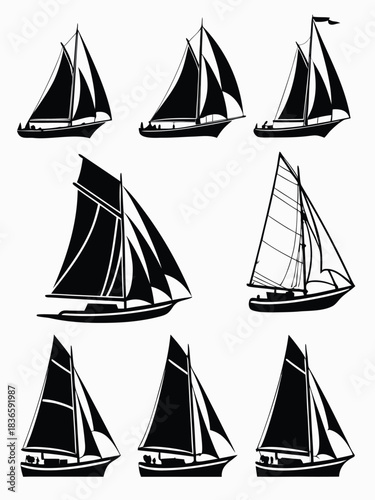 Vector illustration collection of nine stylized black and white sailboat silhouettes