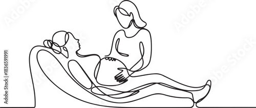 A pregnant woman lies on the couch. The midwife helps her through the birth process. International Day of the Midwives. one line Icon drawing