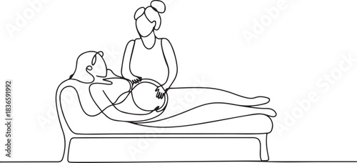 A pregnant woman lies on the couch. The midwife helps her through the birth process. International Day of the Midwives. one line Icon drawing