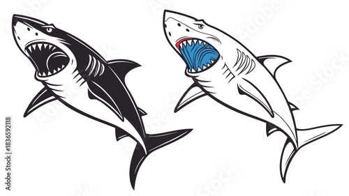 Vector illustration two stylized vector illustrations of aggressive sharks with open mouths, one solid black and one outline with blue interior