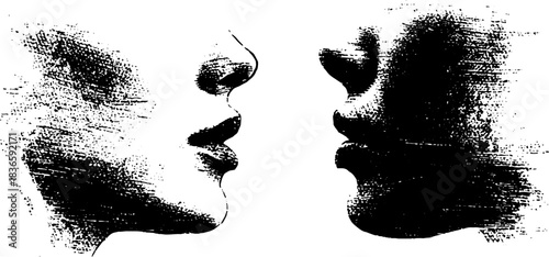 Black and white mesh stencil of two faces in profile view