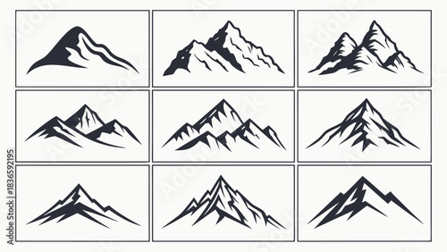 Vector illustration collection of nine distinct black and white mountain range icons and silhouettes for graphic design projects