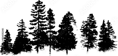 Monochrome stencil illustration of dense forest silhouettes in foggy atmosphere