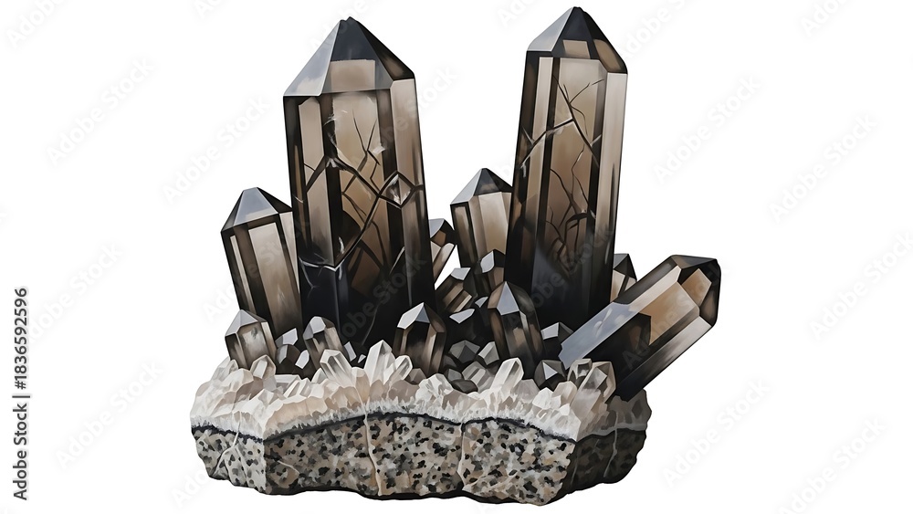 Fototapeta premium A cluster of smoky quartz crystals with varying shades of brown and gray, resting on a rough, textured base.