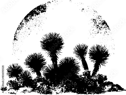 Black and white stencil art of desert shrubs in silhouette for creative design
