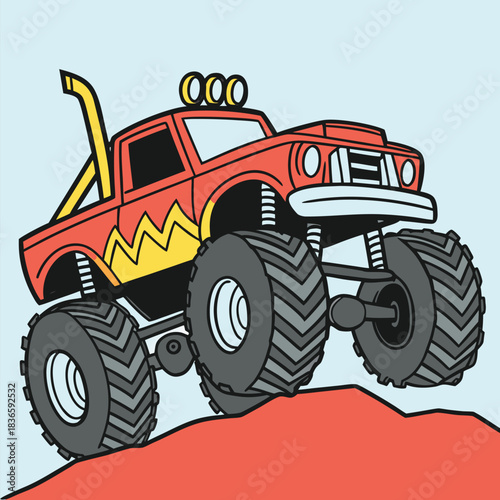 Vector illustration cartoon illustration of a large, red monster truck with massive tires driving over a red mound