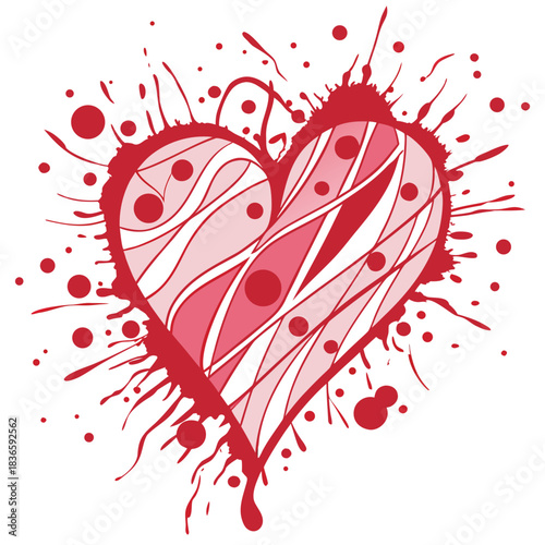 Vector illustration abstract red heart shape with splatter effect and internal wavy line pattern