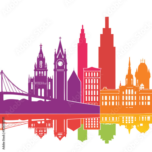 Vector illustration colorful silhouette skyline illustration of a major city featuring bridges, towers, and architectural landmark building outlines