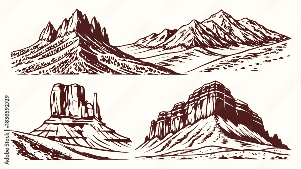 Fototapeta premium Vector illustration collection of four detailed handdrawn vector illustrations depicting various rugged mountain ranges and mesa formations in a western style