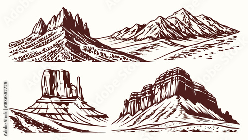 Vector illustration collection of four detailed handdrawn vector illustrations depicting various rugged mountain ranges and mesa formations in a western style