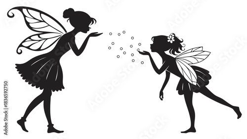Vector illustration silhouette of two fairies blowing magic dust towards each other