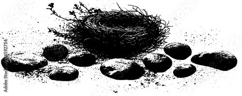 Black and white stencil illustration of dried riverweed tangle and stones for artistic design