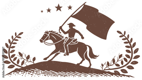 Vector illustration silhouette of a cowboy on horseback raising a large flag, framed by laurel wreaths and stars