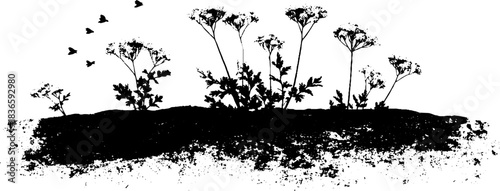 Black and white stencil art of dry shrub clusters with birds silhouette