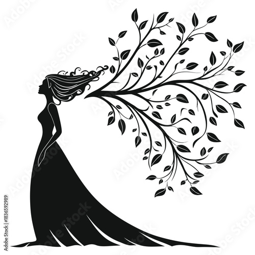 Vector illustration silhouette of a woman whose flowing hair transforms into a large, intricate tree branch with leaves