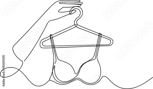 continuous line art of clothes hanger hand and bra, Bathing Suit Bikini Single Line Drawing with Editable Stroke. one line Icon drawing