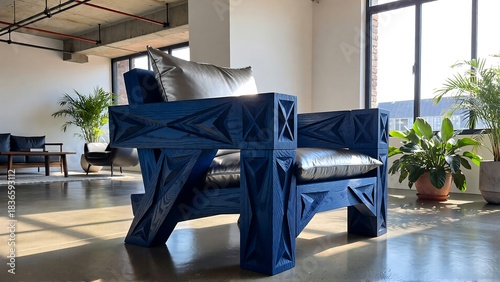 Stunning cobalt blue carved wood armchair with leather cushions in a sunlit modern loft interior