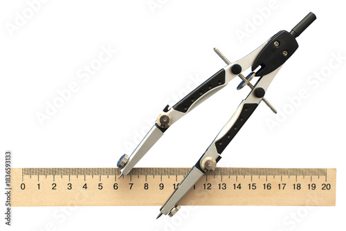 Compass and wooden measuring ruler isolated	