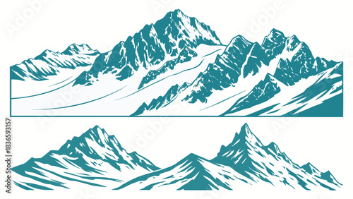Vector illustration stylized teal and white graphic illustration of rugged snowcapped mountain ranges