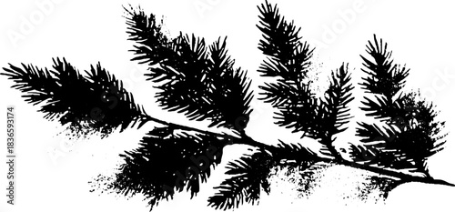 Black and white stencil illustration of fallen evergreen branch design