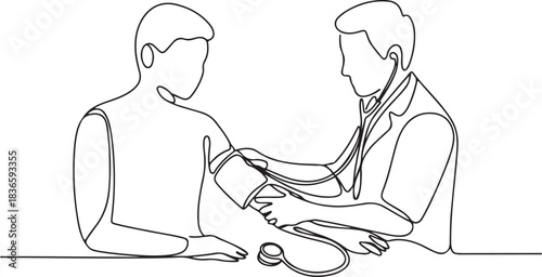 Doctor checks patient's blood pressure. Taking blood pressure concept one-line drawing. one line Icon drawing
