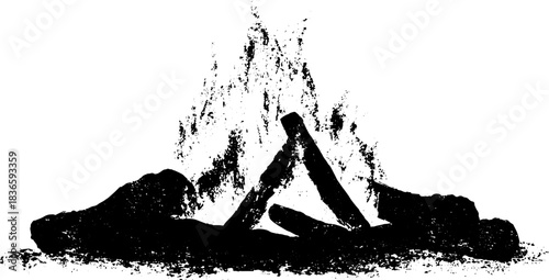 Monochrome stencil art of flickering campfire with flames for rustic design