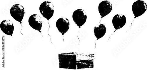 Black and white stencil of floating balloons and gift box - urban geometric art for posters