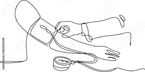 Doctor checks patient's blood pressure. Taking blood pressure concept one-line drawing. one line Icon drawing