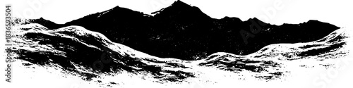Black and white stencil art of flowing mountain river landscape for design