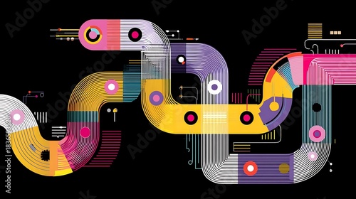 Colorful Abstract Geometric Pipeline System on Black Background image photo