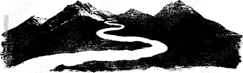 Monochrome mountain river stencil art for nature-inspired designs