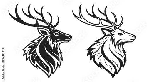 Vector illustration two stylized vector illustrations of a majestic stag or elk head with large antlers, one black and one white