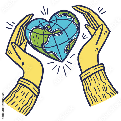 Vector illustration two hands gently holding a heart shaped globe symbolizing care and protection for the earth