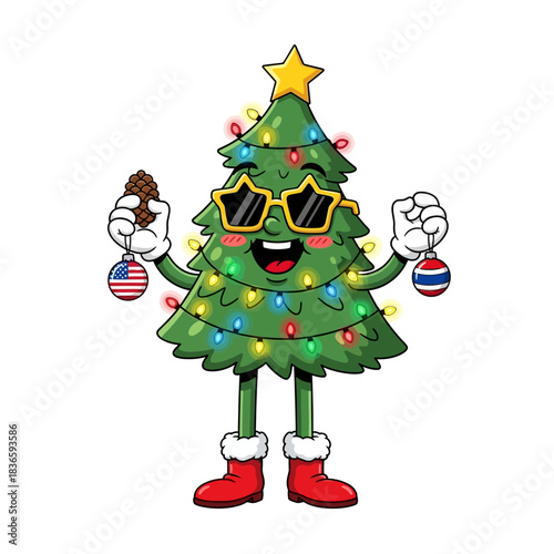 Funny cartoon christmas tree character wearing sunglasses and holding ornament