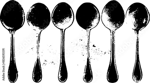 Black and white stencil illustration of folk carved wooden spoons