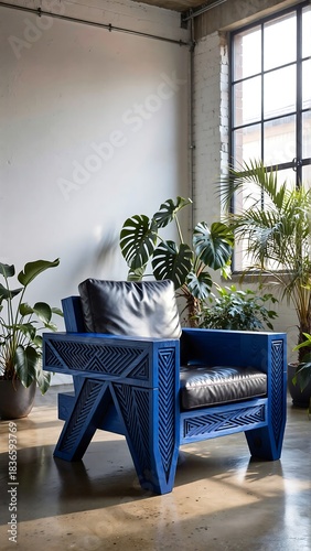 Stunning cobalt blue armchair with carved wood detailing sits in a bright, modern loft space with lush greenery