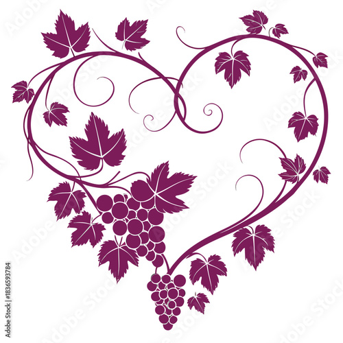 Vector illustration stylized deep purple grapevine forming a heart shape with clusters of grapes and leaves