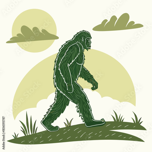 Vector illustration stylized illustration of a green, hairy bigfoot creature walking across a grassy hill under a pale yellow sun