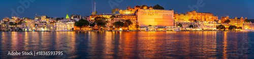 Panoramic view of Udaipur city and Lake Pichola from Ambrai Ghat at Udaipur, Rajasthan, India