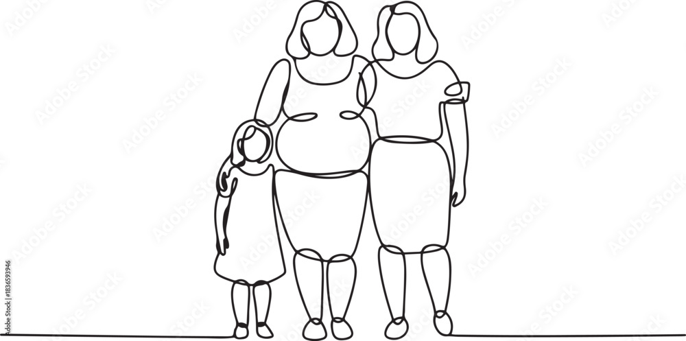Fototapeta premium One continuous single drawing line art flat doodle fat, woman, mother, daughter, family, together, female. Isolated image hand draw contour. one line Icon drawing