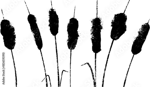 Black and white stencil illustration of frozen reeds in winter scene