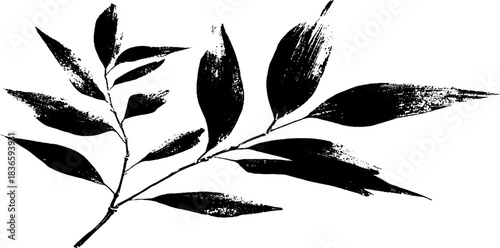 Black and white stencil illustration of bamboo branch with gently bending leaves for design and decor
