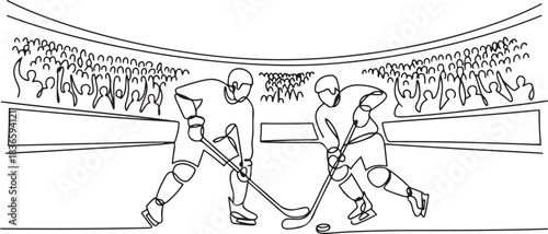 One continuous line drawing of an exciting hockey match with thousands of spectators vector illustration. Hockey design illustration simple linear style. one line Icon drawing