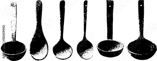 Rustic hand carved spoon stencil illustration in black and white for vintage kitchen decor