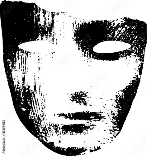 Black and white stencil illustration of hand carved wooden mask