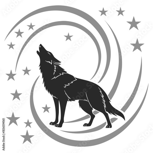 Vector illustration black silhouette of a howling wolf centered against swirling moon phases and scattered stars