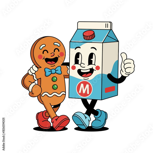 Cartoon gingerbread man and milk carton character friends