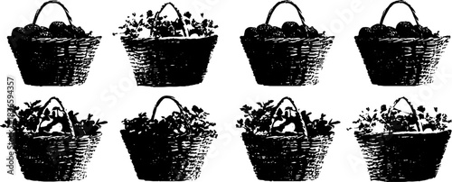 Black and white stencil art of handwoven market baskets for urban design and decoration